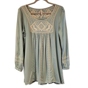 Embroidered Top Light Blue L Artsy Retro 70s Style Boho Festival Cottagecore